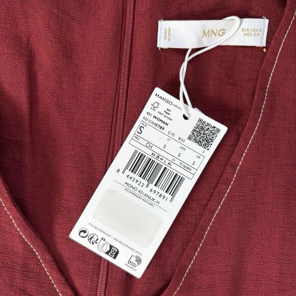 MANGO Women's Burgundy Belted Jumpsuit Small V Neck Viscose S nwt - Picture 2 of 8